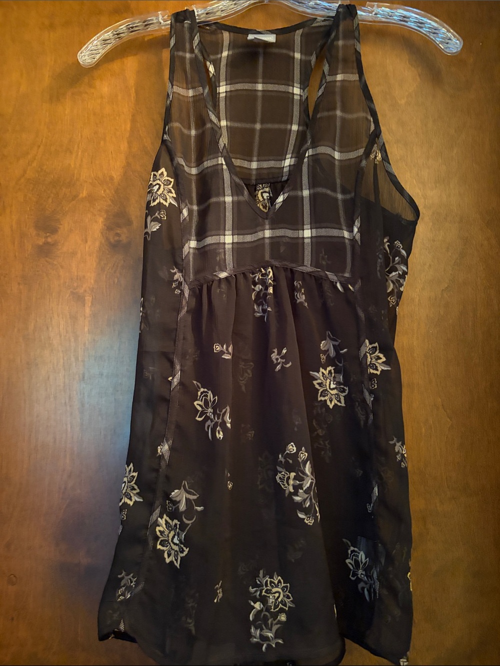 Sheer floral and plaid tunic racerback
